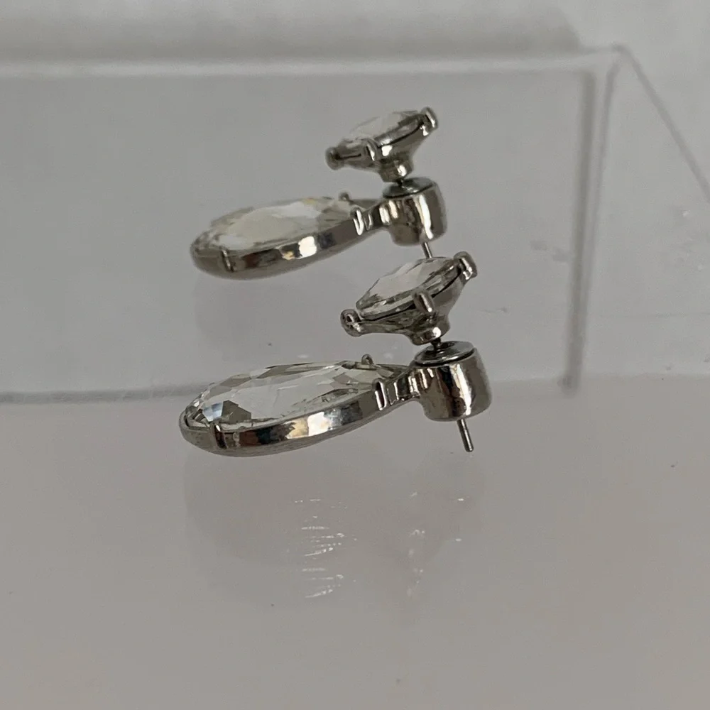 Clear Jewel Rhinestone Teardrop Earrings with Stud Silver Toned Hardware